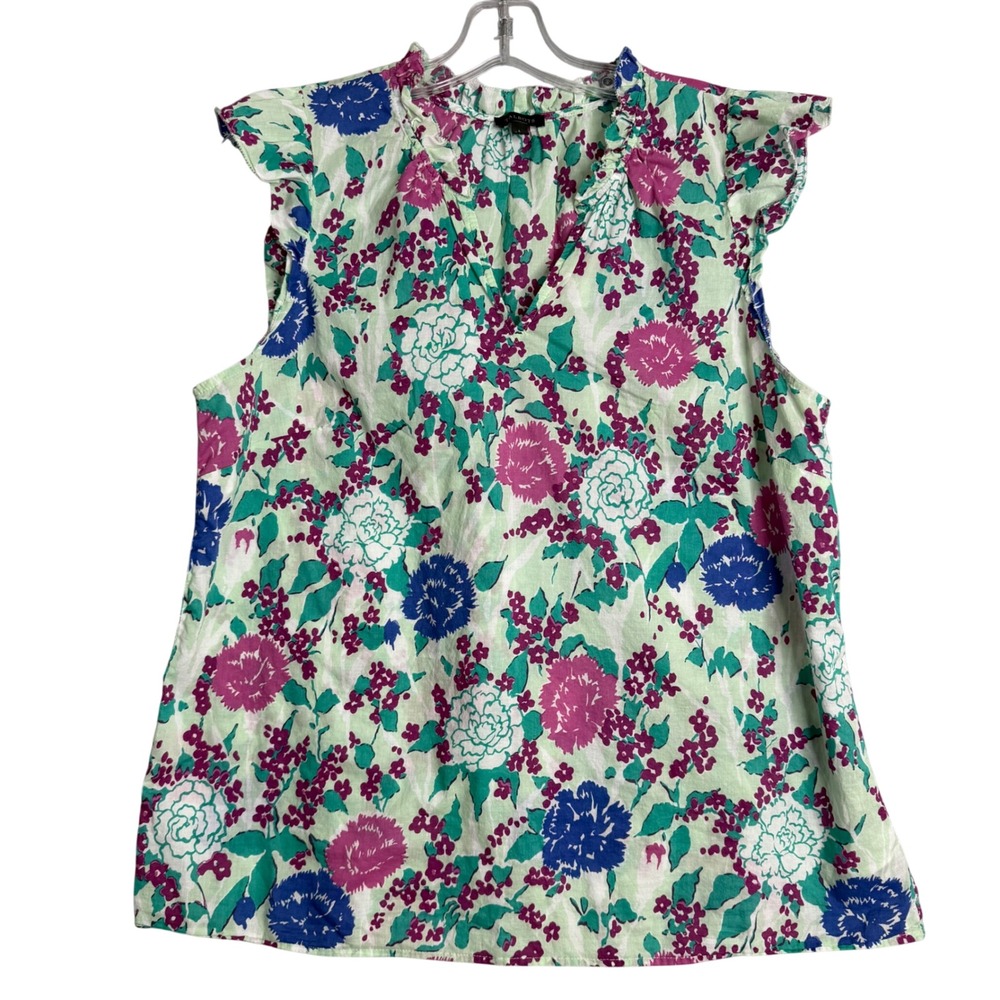 Talbots Floral Cotton Shell Womens L Blue Multi Ruffle V Neck Cottage Preppy
